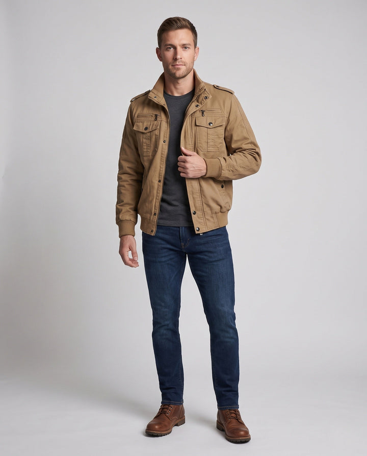 Herr Canvas Pilot Jacka i Funktion Stil med Hög ståkrage och fickor med lock