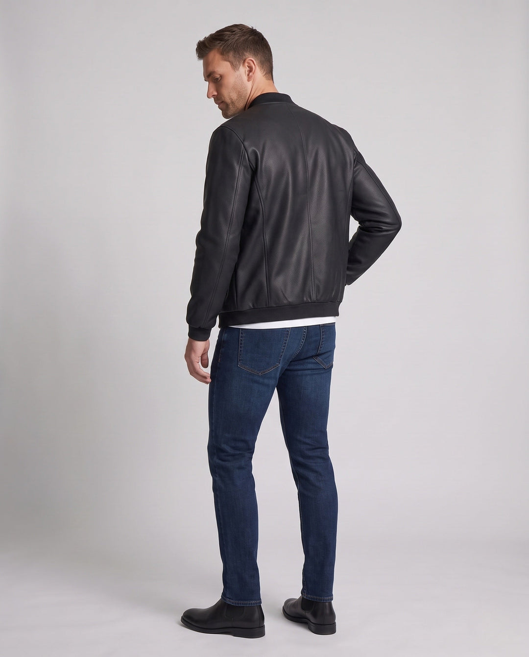 Herr Slät läderlook Dragkedja Blouson med Minimal ståkrage och Dold Söm Detaljer