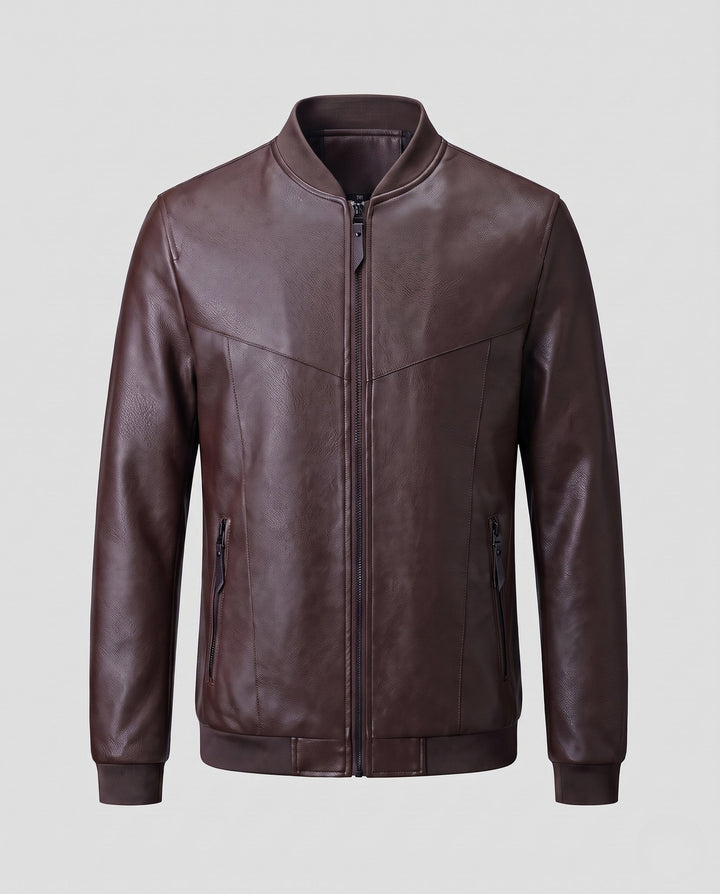 Herr Slät läderlook Dragkedja Blouson med Minimal ståkrage och Dold Söm Detaljer