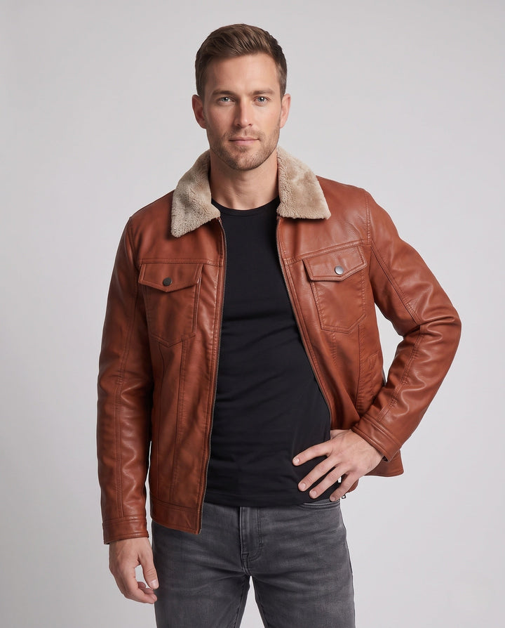 Herr pilot-style läder jacka med Sherpa krage