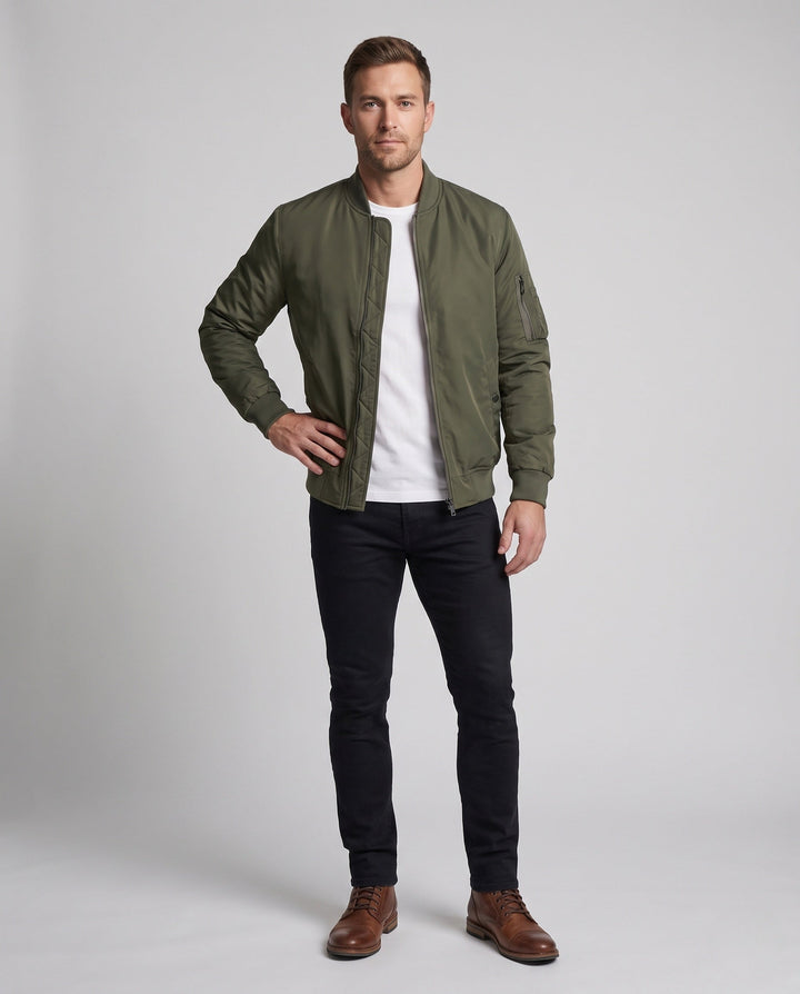 Herr lätt nylon flight bomber med tvåvägs dragkedja och ärm ficka