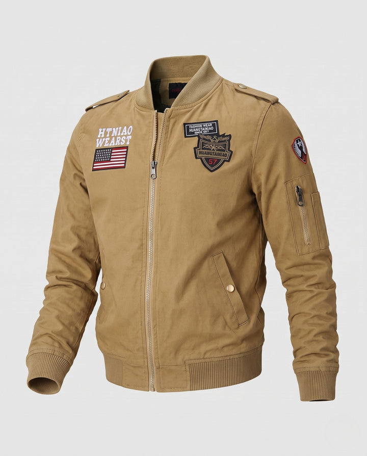 Herr pilot bomberjacka i canvas funktion stil med badge, ärm ficka, och ribbade muddar