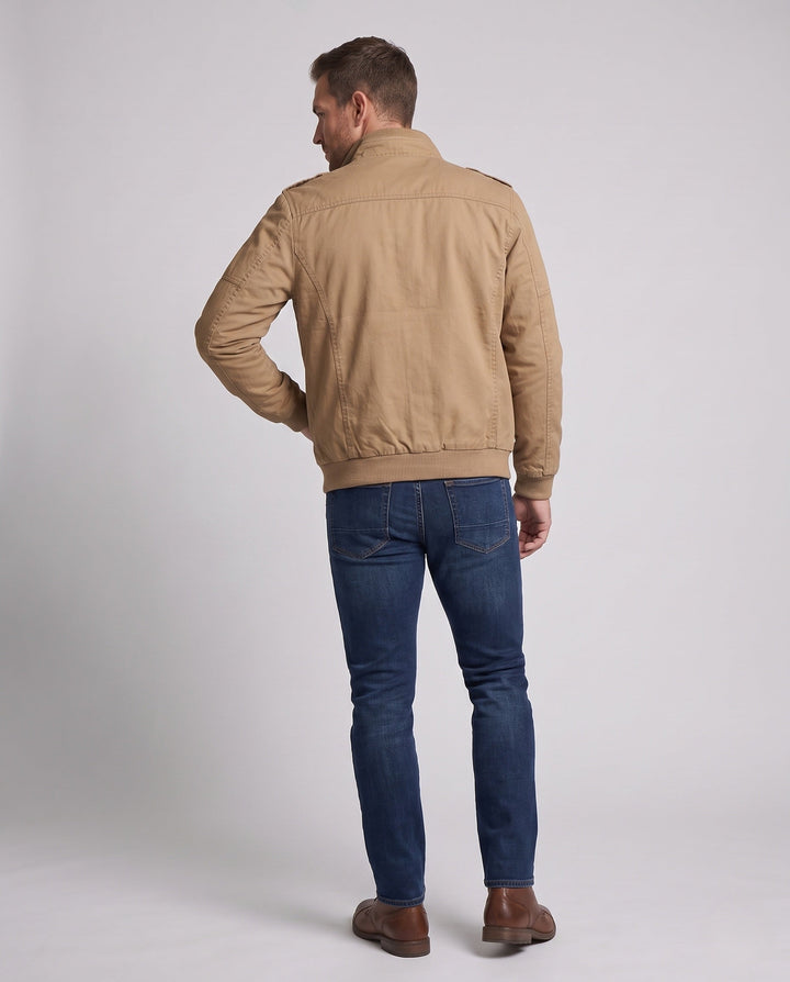 Herr robust canvas pilot jacka med axel epaulettes, bröst fickor med lock, och ribbade muddar