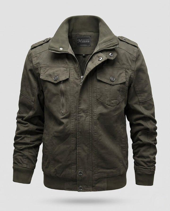 Herr robust canvas pilot jacka med axel epaulettes, bröst fickor med lock, och ribbade muddar