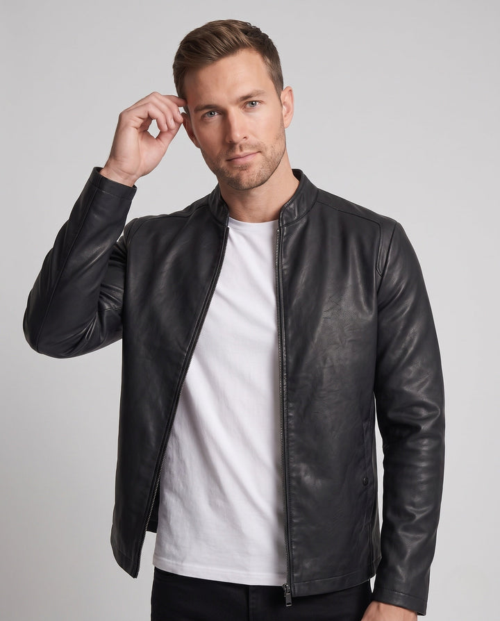 Herr Slim fuskläder Moto Blouson med ståkrage, Dragkedja Ärmar och Dold Fickor