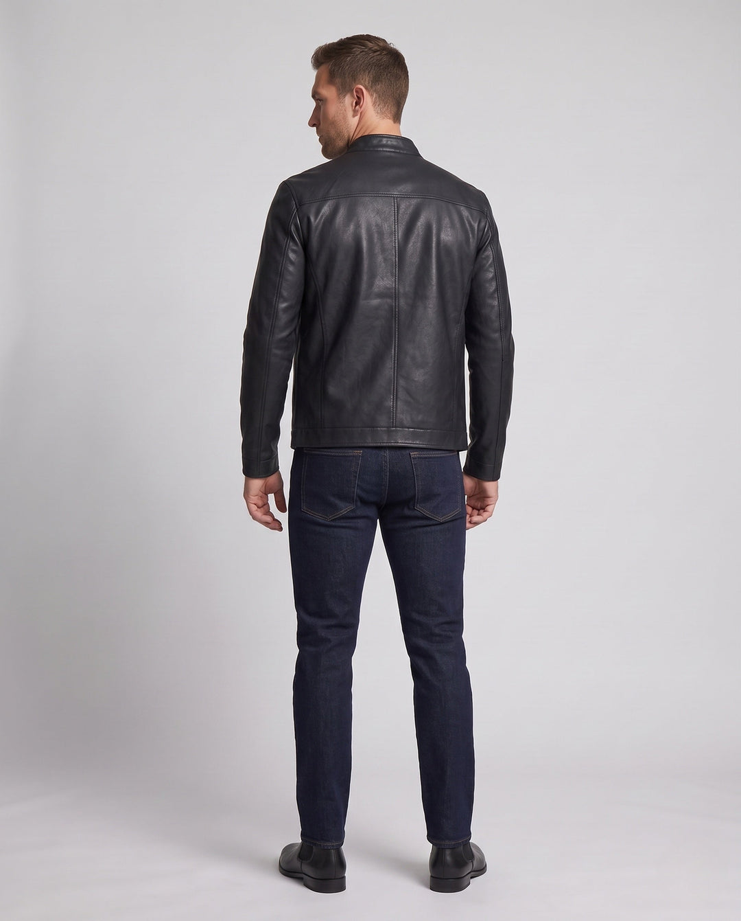 Herr slim läderlook moto blouson med ståkrage och dold dragkedja