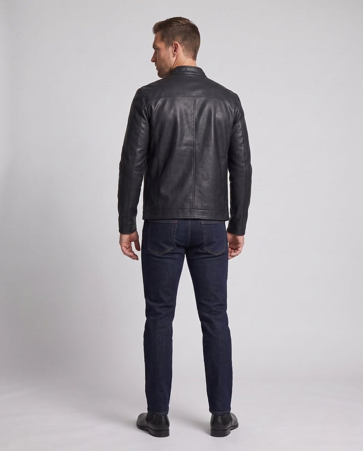 Herr slim läderlook moto blouson med ståkrage och dold dragkedja