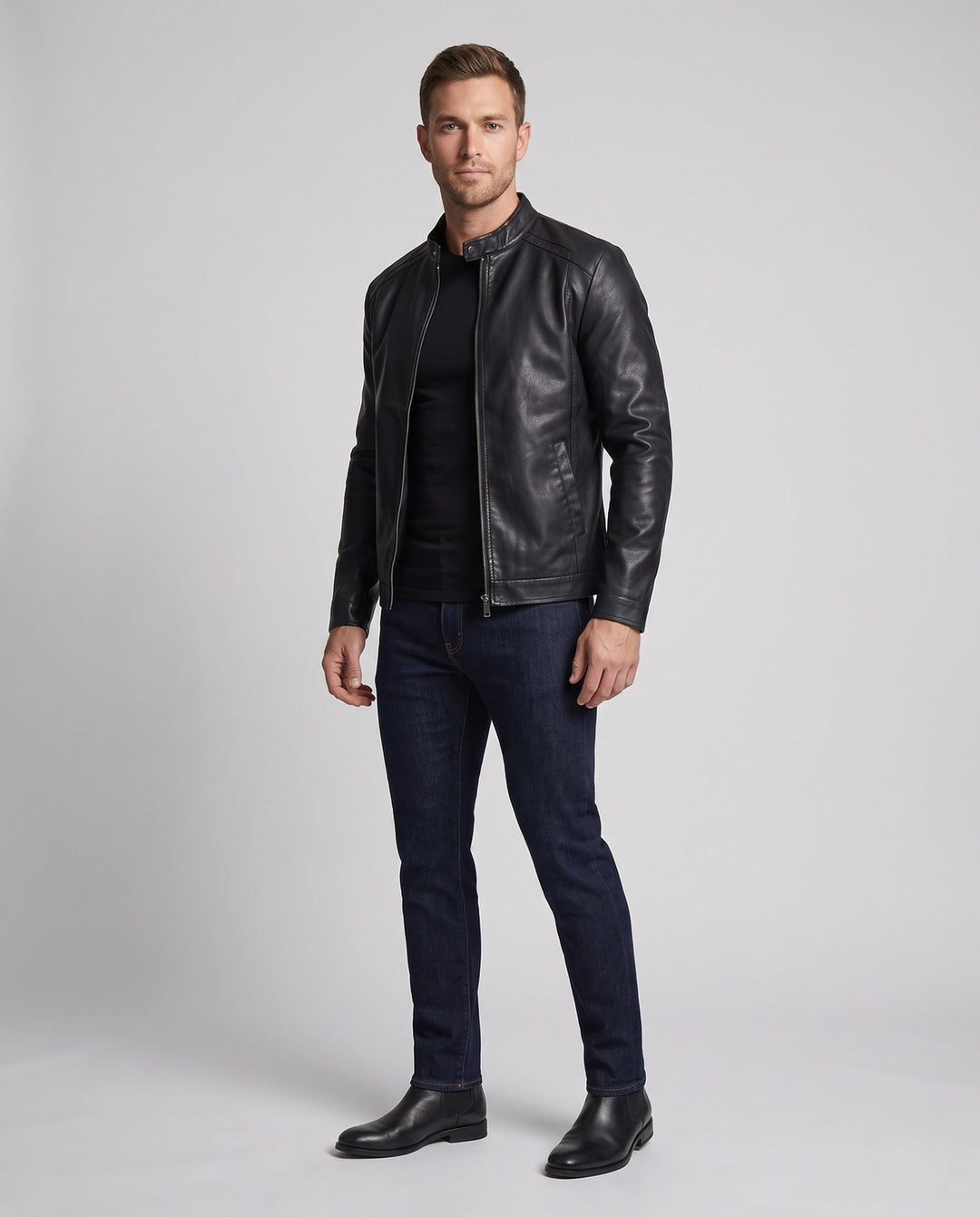 Herr slim läderlook moto blouson med ståkrage och dold dragkedja