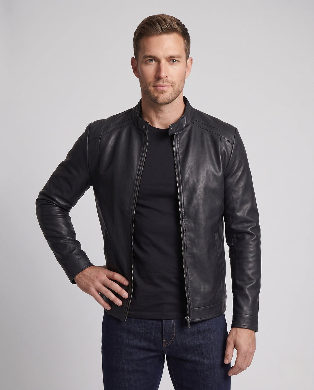 Herr slim läderlook moto blouson med ståkrage och dold dragkedja