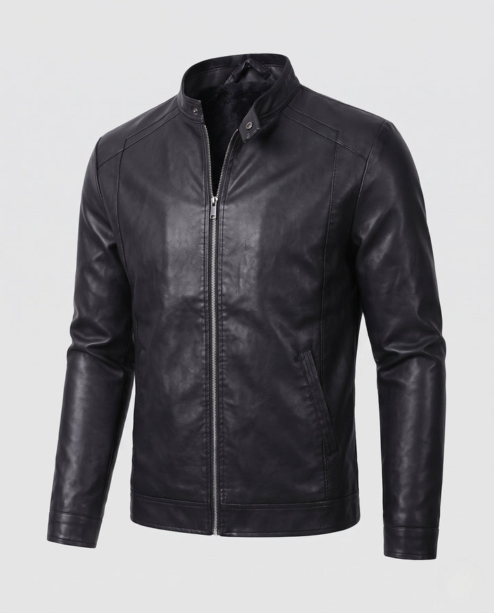 Herr slim läderlook moto blouson med ståkrage och dold dragkedja
