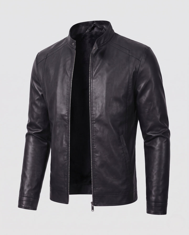 Herr slim läderlook moto blouson med ståkrage och dold dragkedja