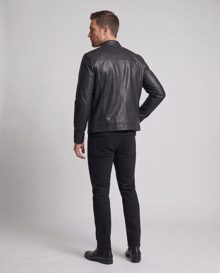 Herr slim Moto jacka tillverkad av fuskläder med en minimalistisk ståkrage och dold dragkedja