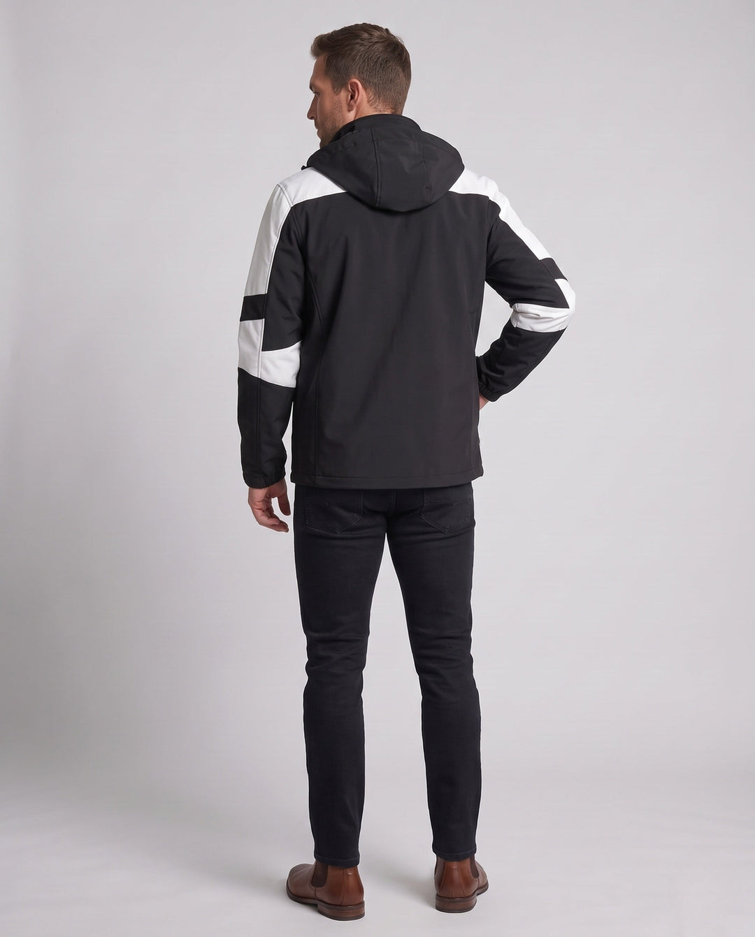 Herr teknisk softshell utomhusjacka med huva, vind- och vattenavvisande membran