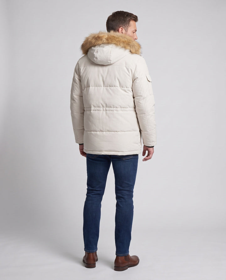 Herr värmande parka med huva, fusk päls trim, och flerafunktionell ficka system