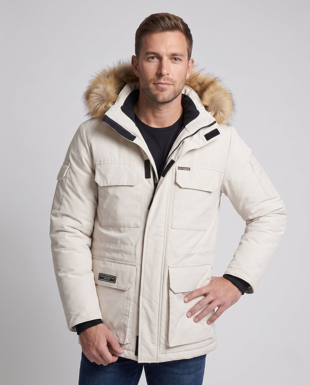 Herr värmande parka med huva, fusk päls trim, och flerafunktionell ficka system