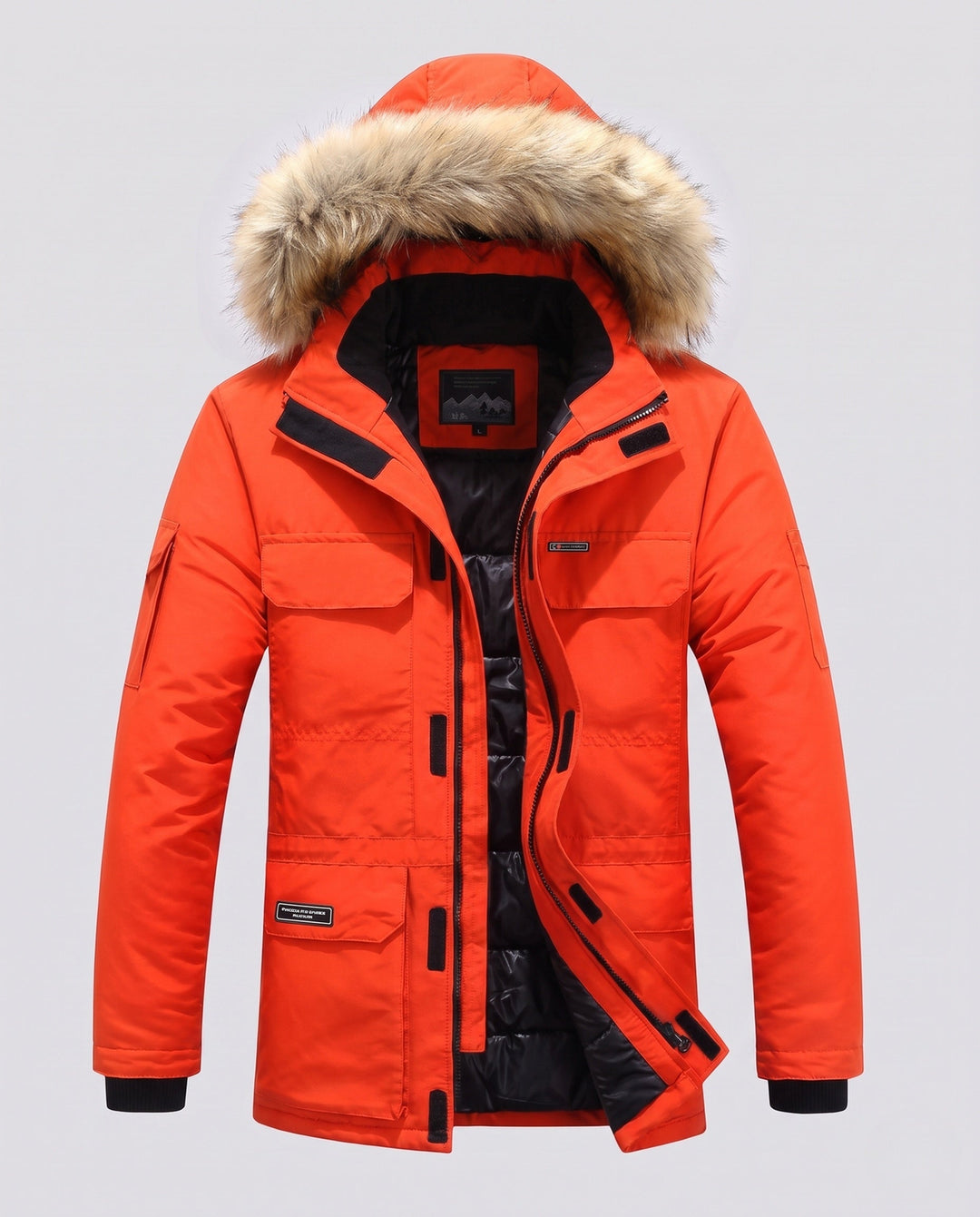 Herr värmande parka med huva, fusk päls trim, och flerafunktionell ficka system