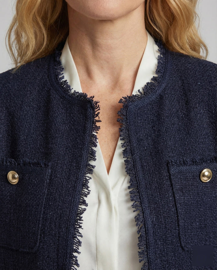 Dam Collarless Boucle jacka Fringe Trim