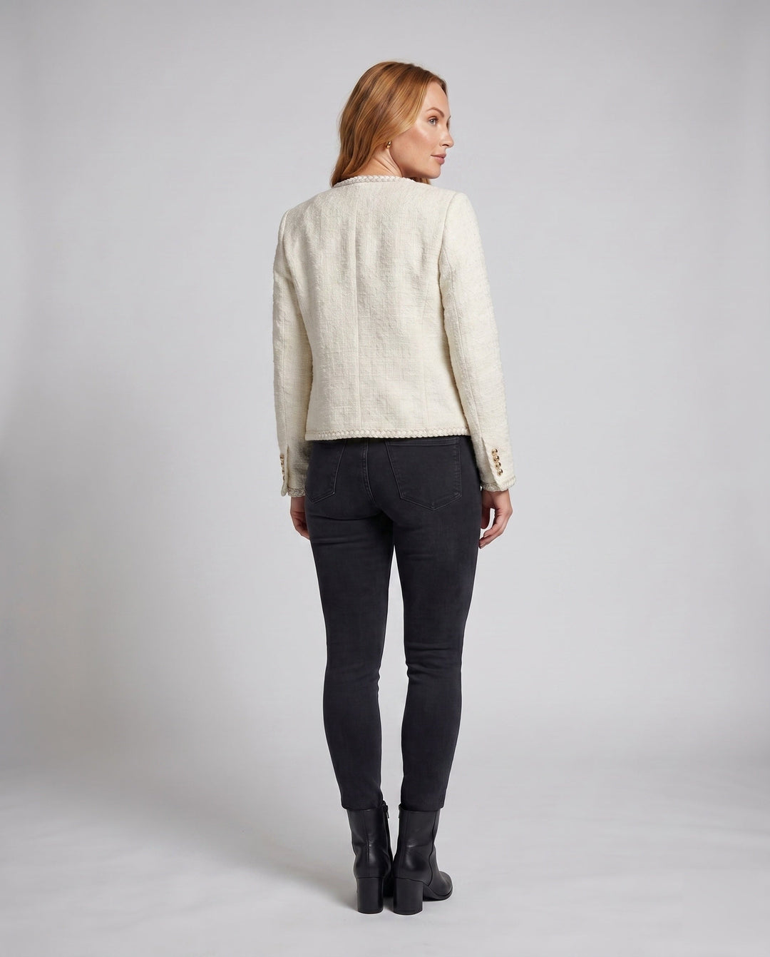 Dam elegant Boucle jacka med Golden knappar och dekorativ fickor