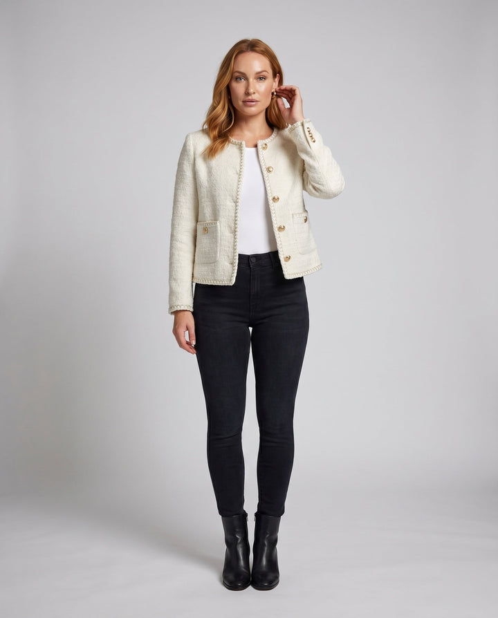 Dam elegant Boucle jacka med Golden knappar och dekorativ fickor
