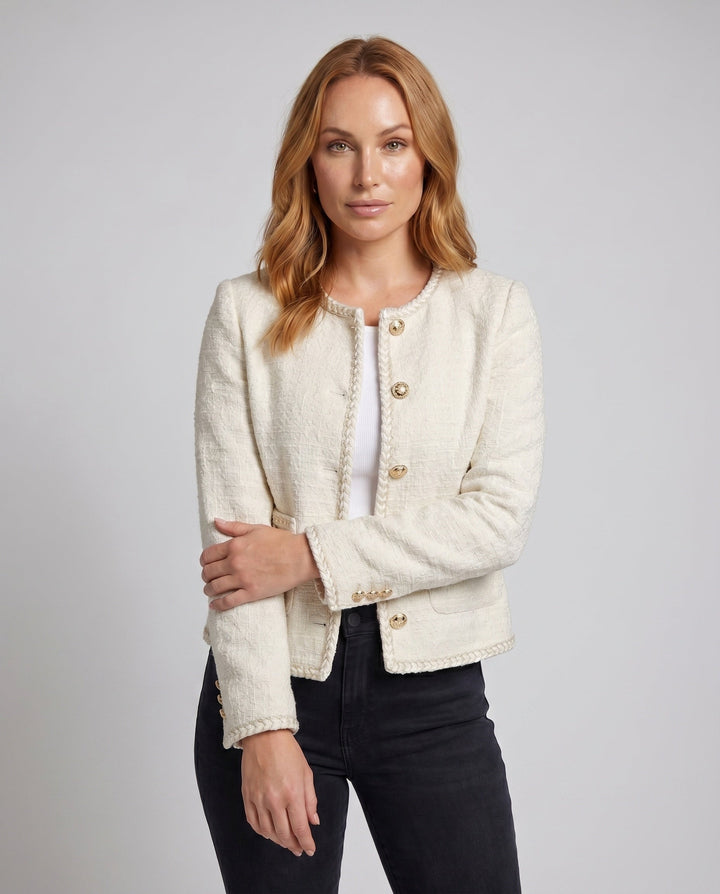 Dam elegant Boucle jacka med Golden knappar och dekorativ fickor