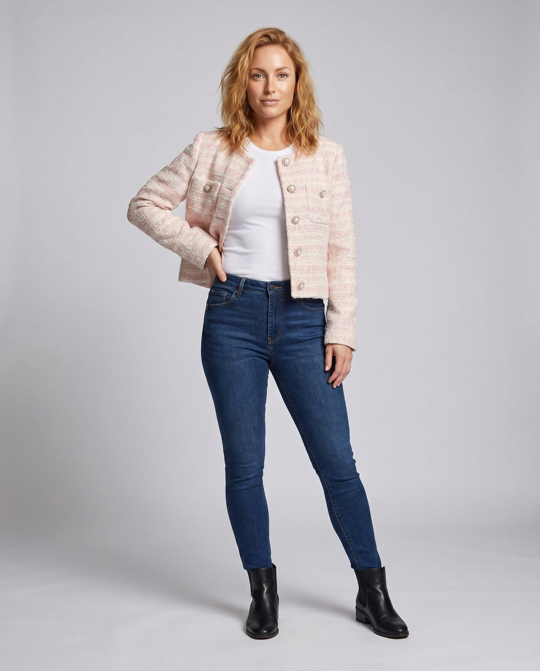 Dam Elegant Tweedjacka med Pearl Knappar och Modern Design