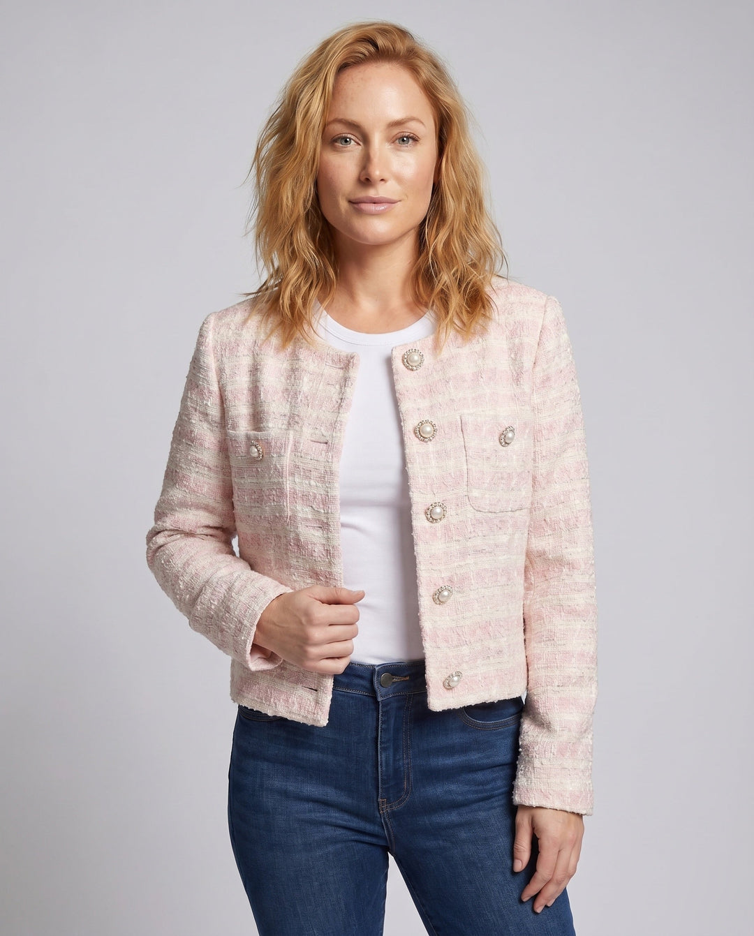 Dam Elegant Tweedjacka med Pearl Knappar och Modern Design