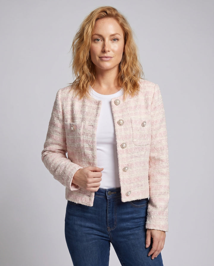 Dam Elegant Tweedjacka med Pearl Knappar och Modern Design