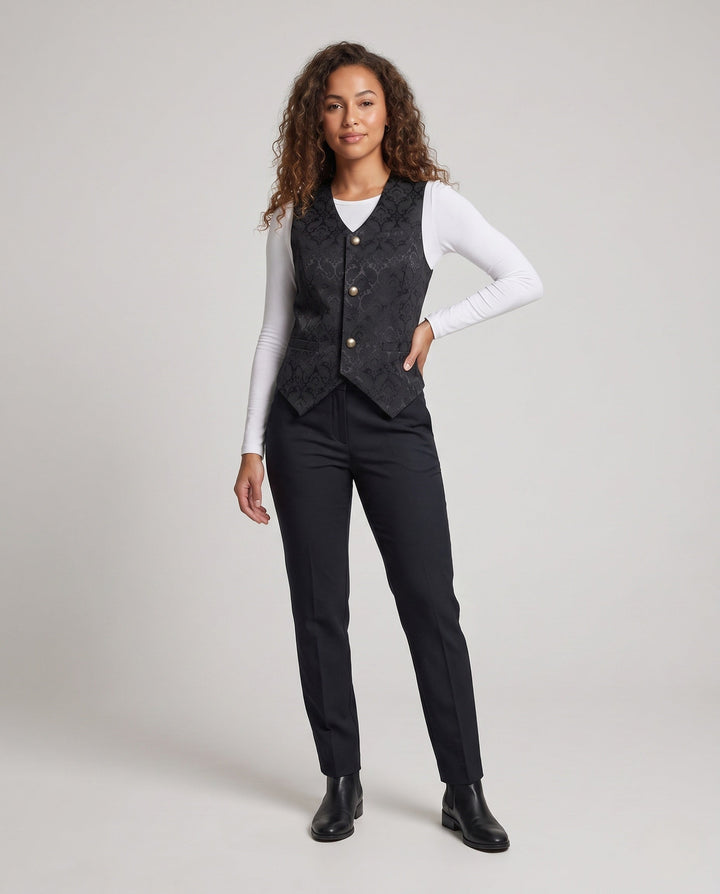 Dam Elegant Väst med Blommig Patterns och Ornate Knappar