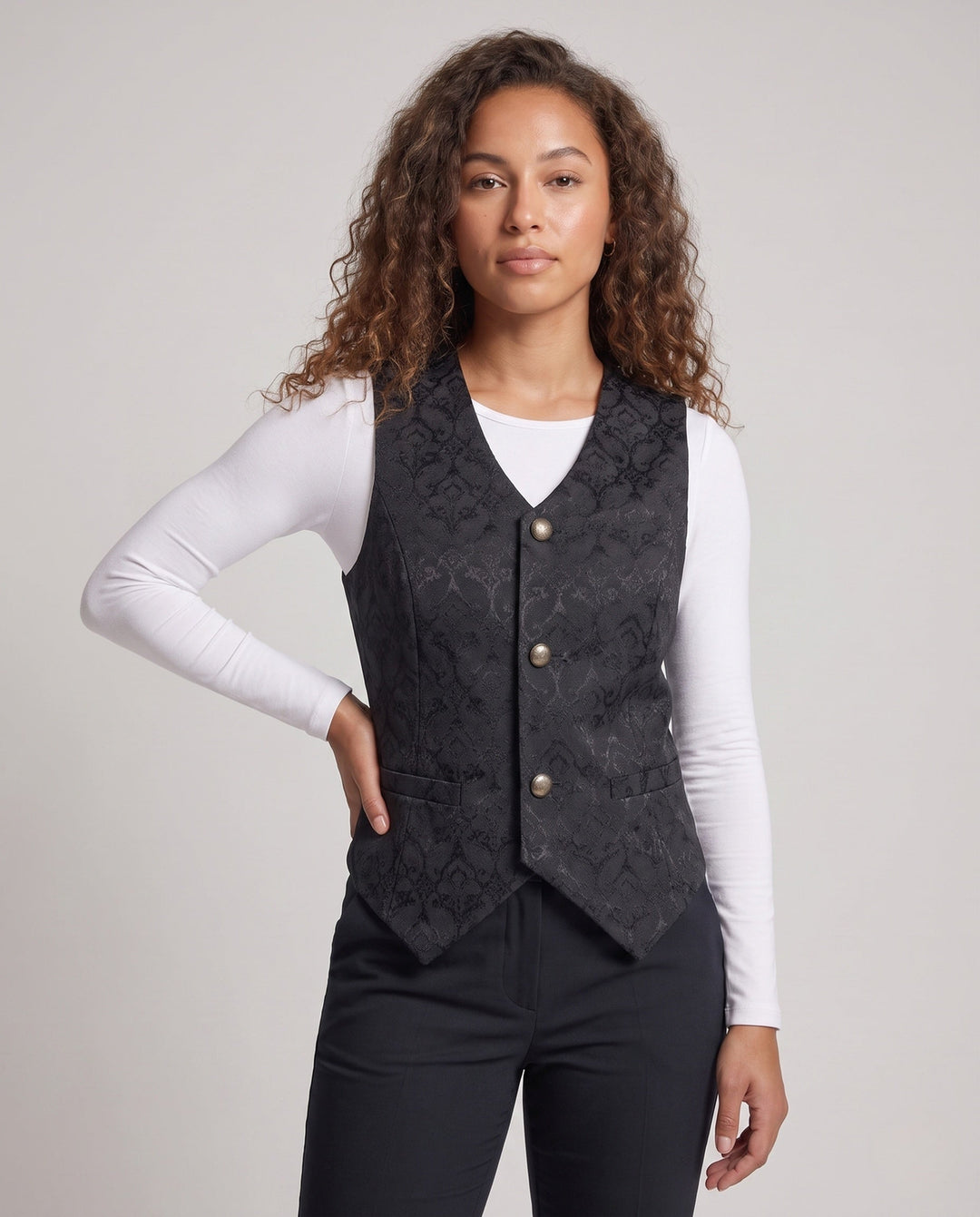 Dam Elegant Väst med Blommig Patterns och Ornate Knappar