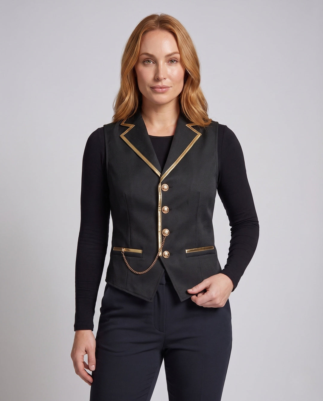Dam elegant väst med Golden Accents och dekorativ Chain