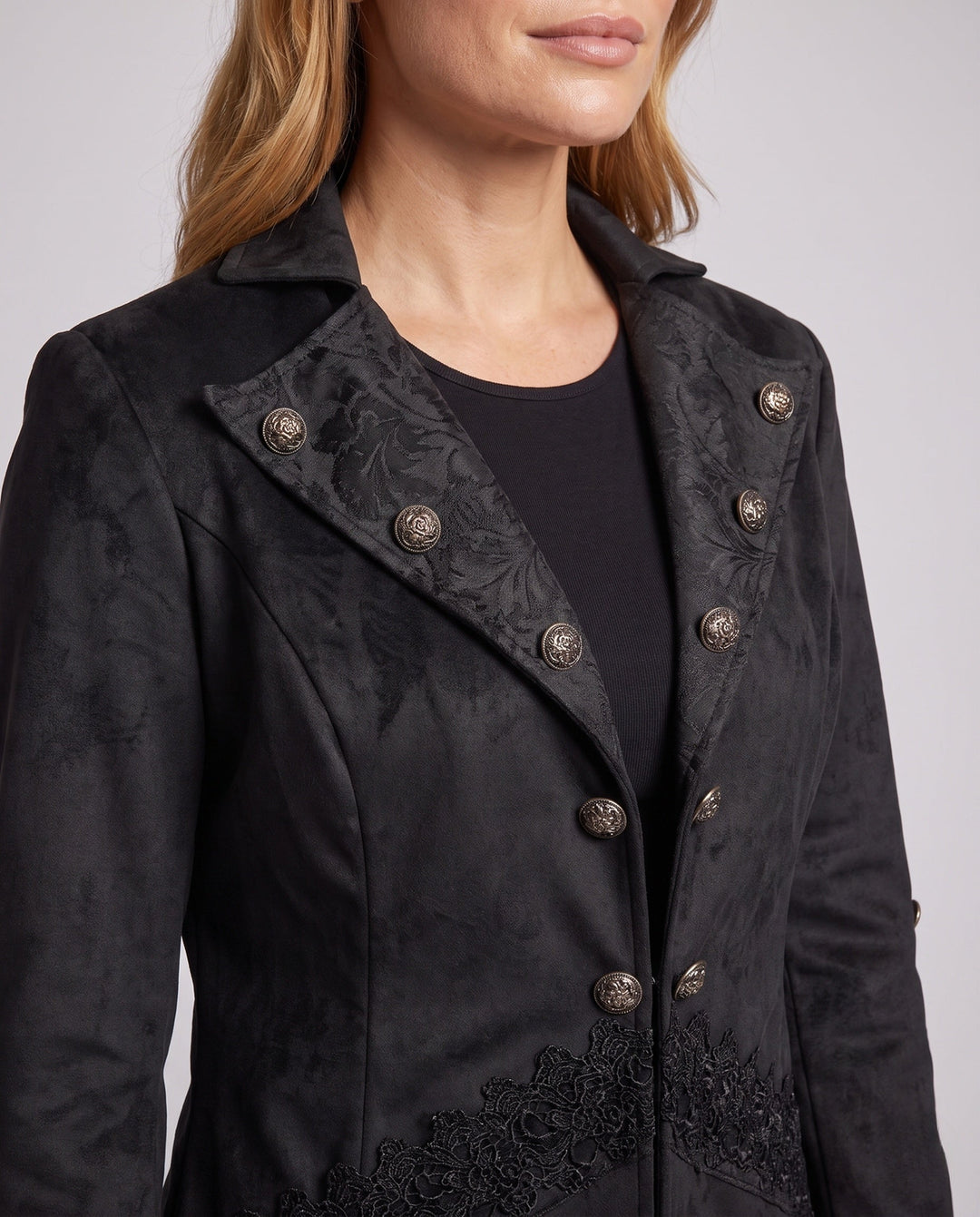 Dam sammet jacka med Asymmetric fåll och Lace Trim