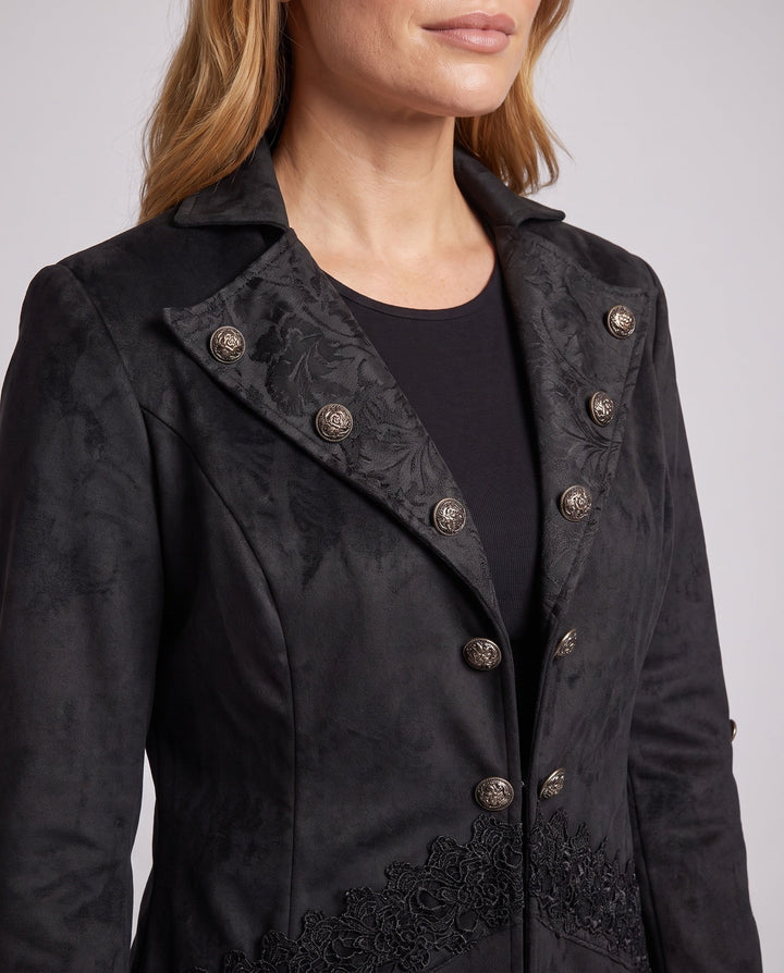 Dam sammet jacka med Asymmetric fåll och Lace Trim