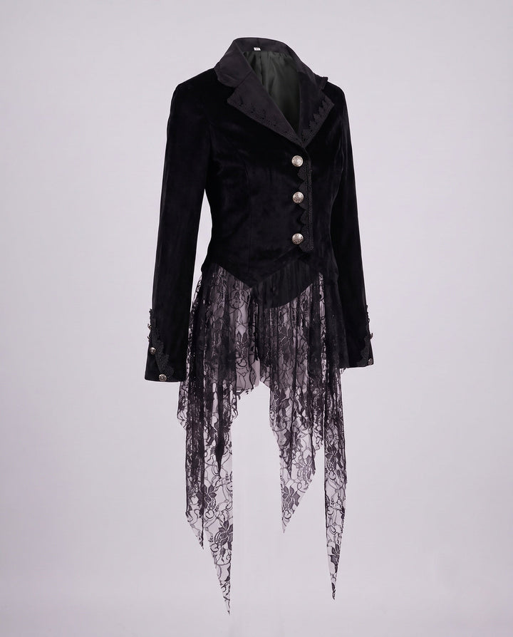 Dam sammet jacka med Asymmetric fåll och Lace Trim