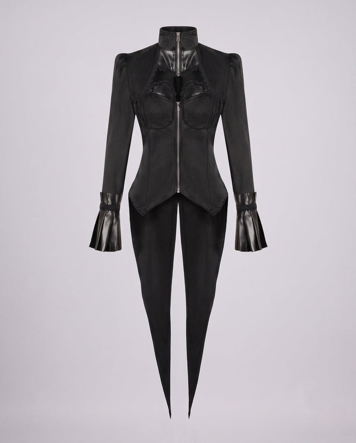 Dam sammet jacka med Asymmetric fåll och Lace Trim