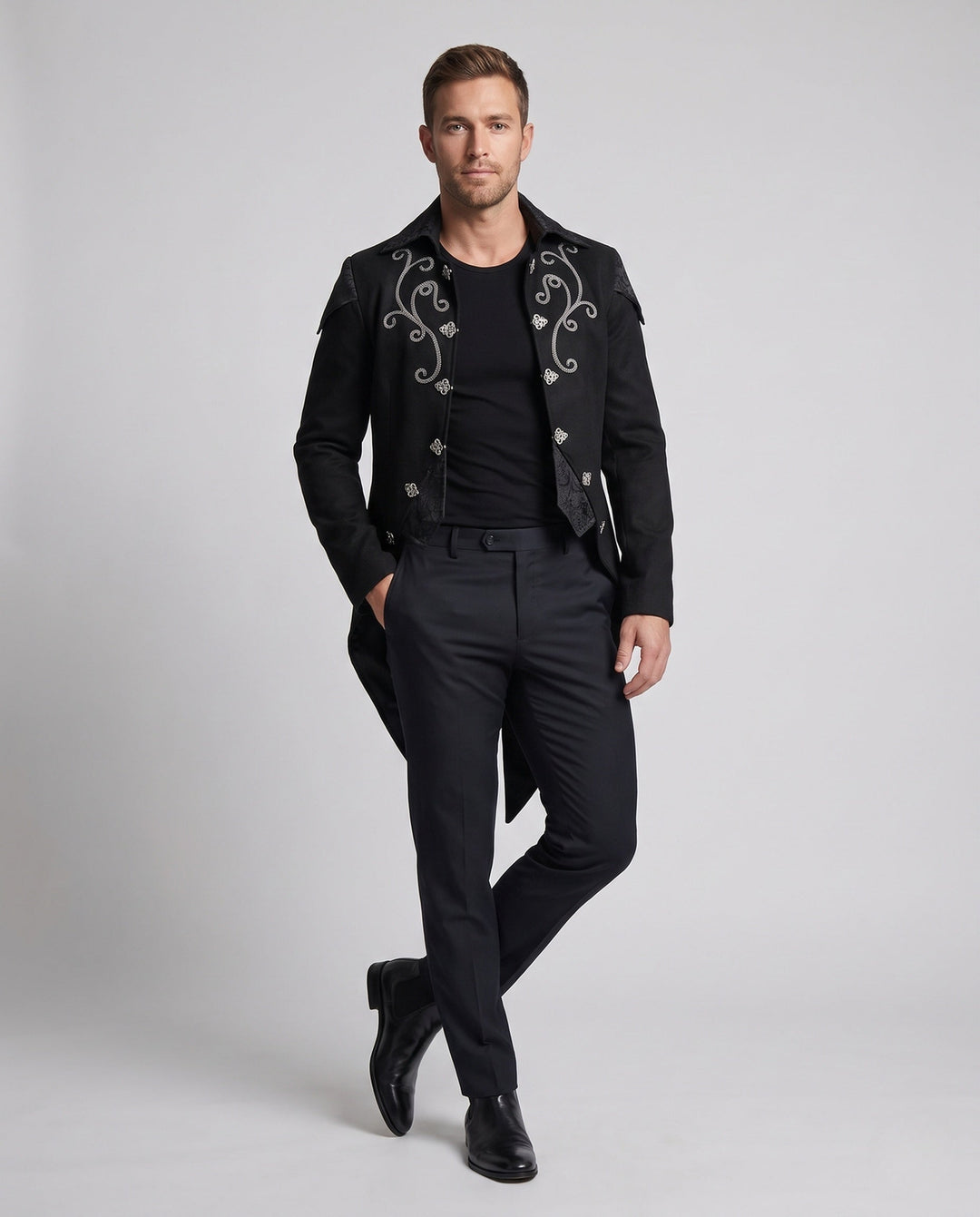 Herr Elegant Gothic Jacka med Intricate Embroidery