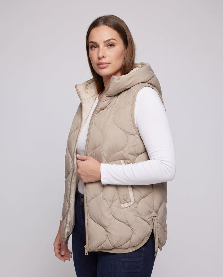 Dam Sleeveless Quiltad Väst med Huva Kant, Wave Quilting och Justerbar Drawstring