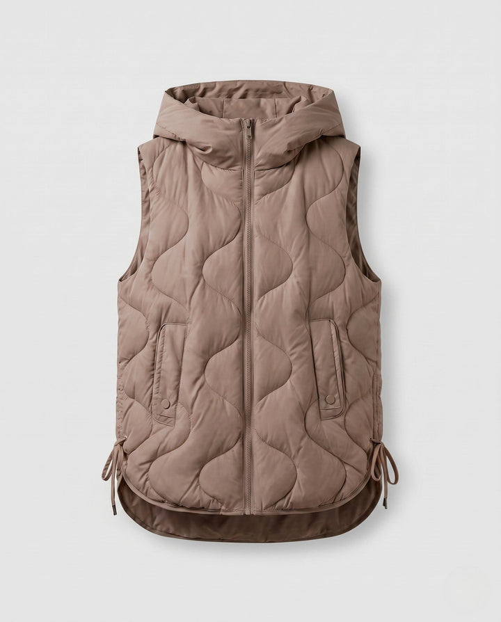 Dam Sleeveless Quiltad Väst med Huva Kant, Wave Quilting och Justerbar Drawstring