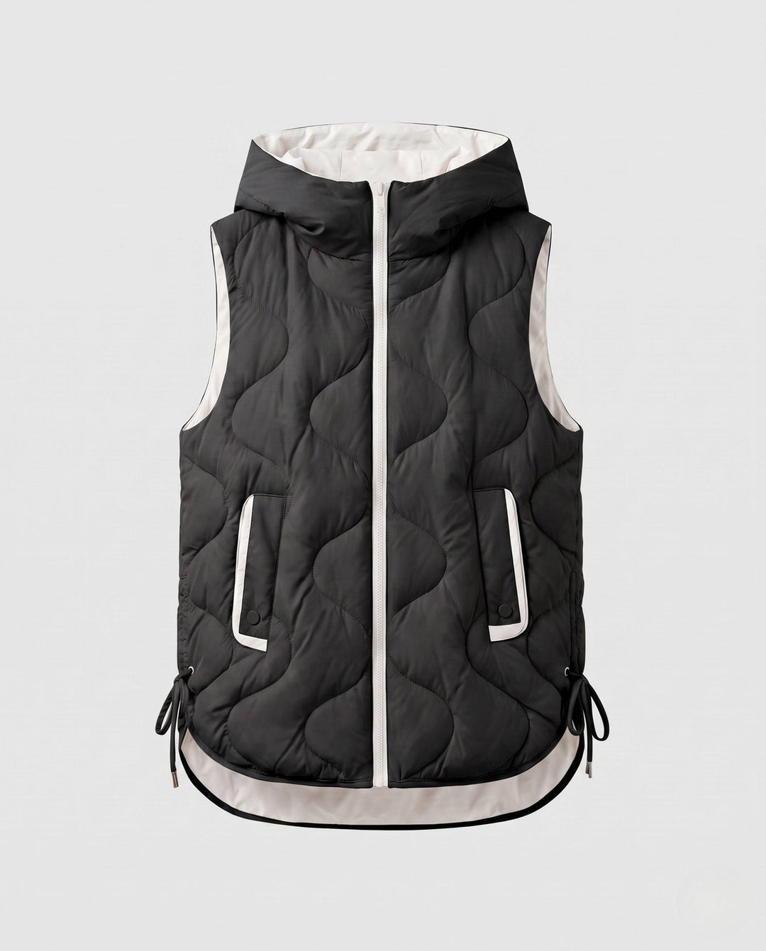 Dam Sleeveless Quiltad Väst med Huva Kant, Wave Quilting och Justerbar Drawstring