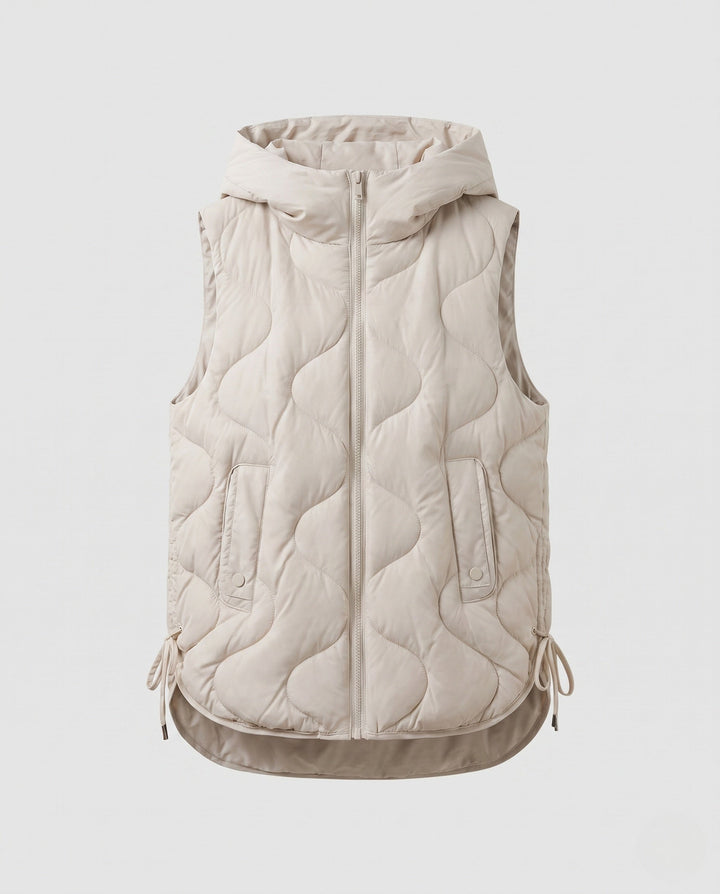 Dam Sleeveless Quiltad Väst med Huva Kant, Wave Quilting och Justerbar Drawstring