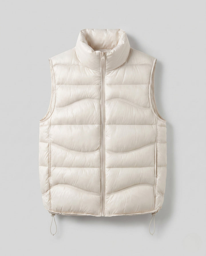 Dam ärmlös thermo kviltad väst med ergonomic wave quilting, hög krage och justerbar dragsko fåll