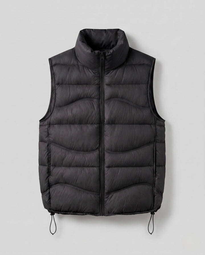 Dam ärmlös thermo kviltad väst med ergonomic wave quilting, hög krage och justerbar dragsko fåll