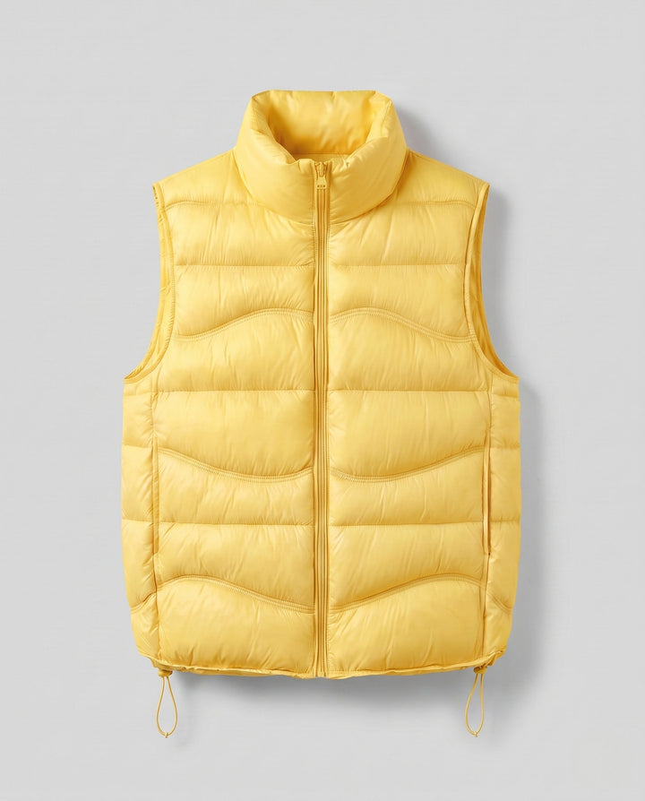 Dam ärmlös thermo kviltad väst med ergonomic wave quilting, hög krage och justerbar dragsko fåll
