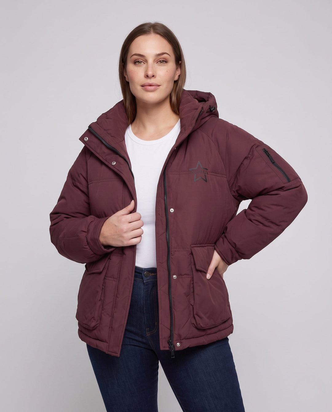 Dam Boxig Vadderad Jacka med Dold Two-Way Front, Contrasting Inner Panel och Funktionell Lock Fickor
