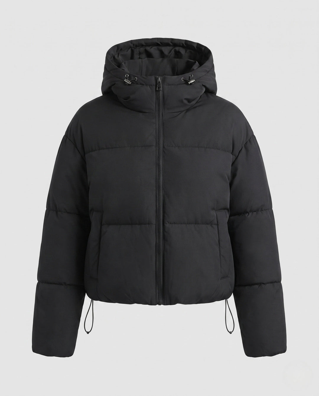 Dam nan kort pufferjacka med huva, visible metal dragkedja och justerbar fåll