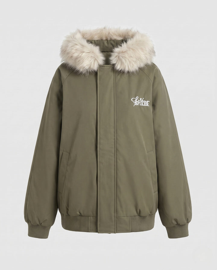 Dam Quiltad Thermo med Huva Jacka med Avtagbar Faux Fur Kant, Dold Dragkedja, och Ribbed Muddar