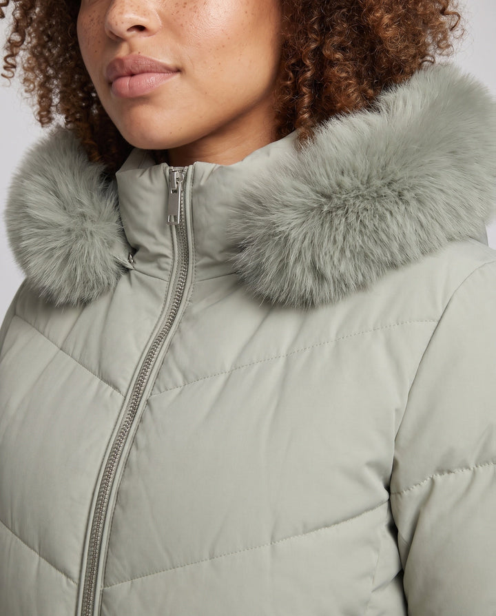 Dam Nano Quiltad Väst med Avtagbar Ärmar, Huva med Faux Fur Kant och Tailored Belt