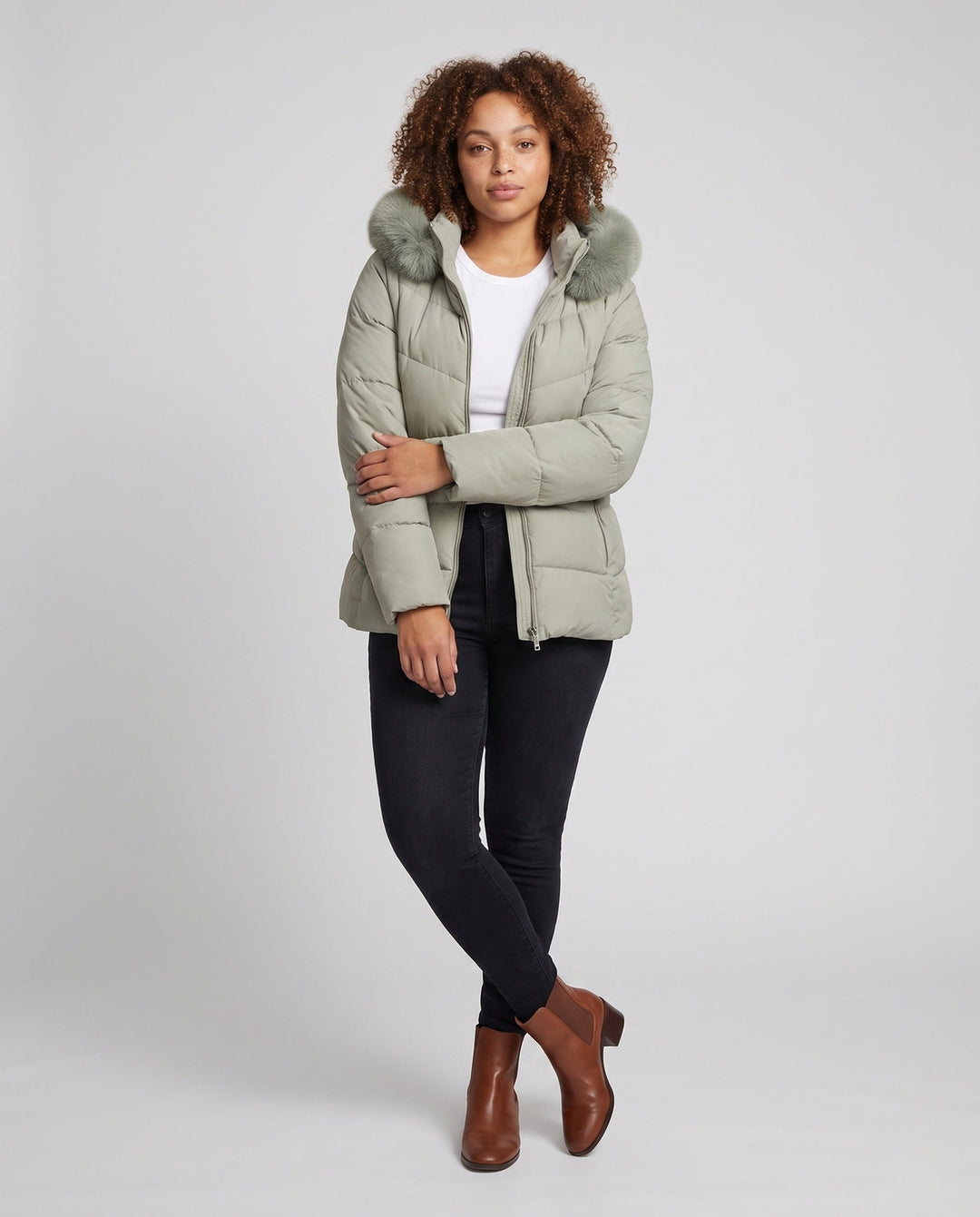 Dam Nano Quiltad Väst med Avtagbar Ärmar, Huva med Faux Fur Kant och Tailored Belt