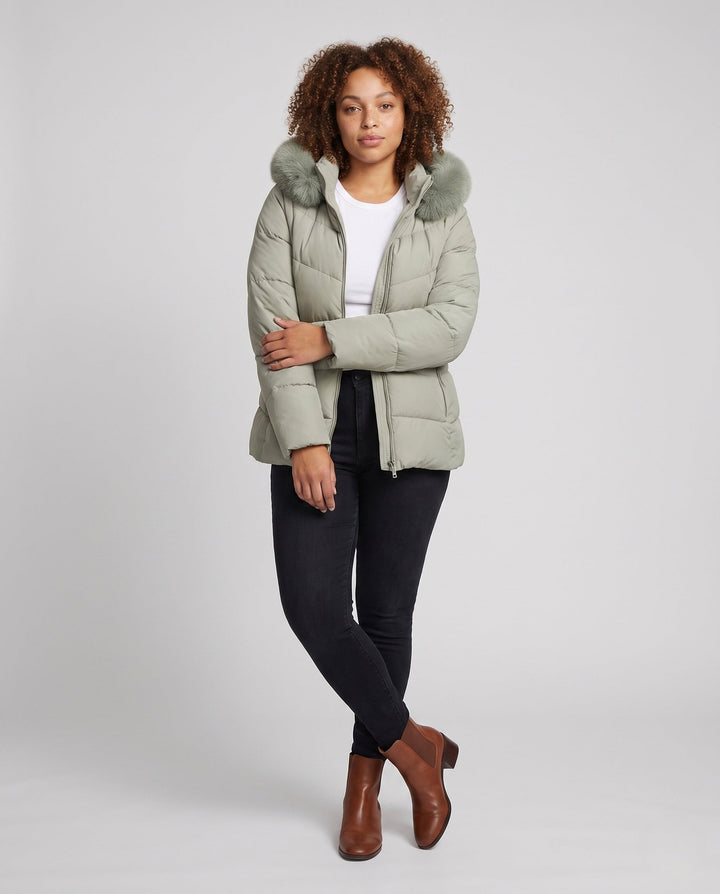 Dam Nano Quiltad Väst med Avtagbar Ärmar, Huva med Faux Fur Kant och Tailored Belt