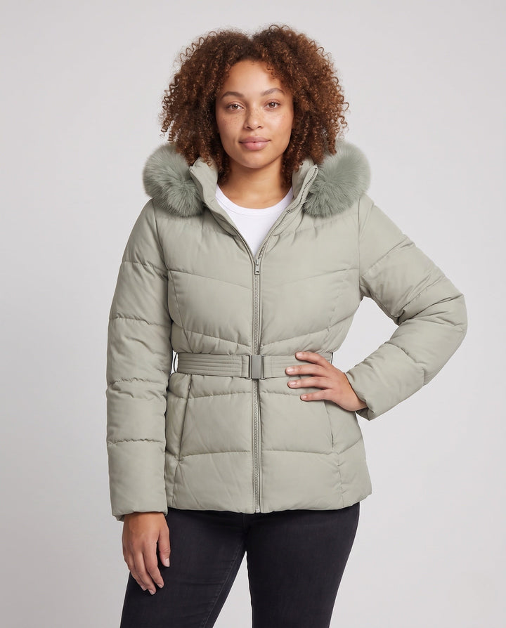 Dam Nano Quiltad Väst med Avtagbar Ärmar, Huva med Faux Fur Kant och Tailored Belt