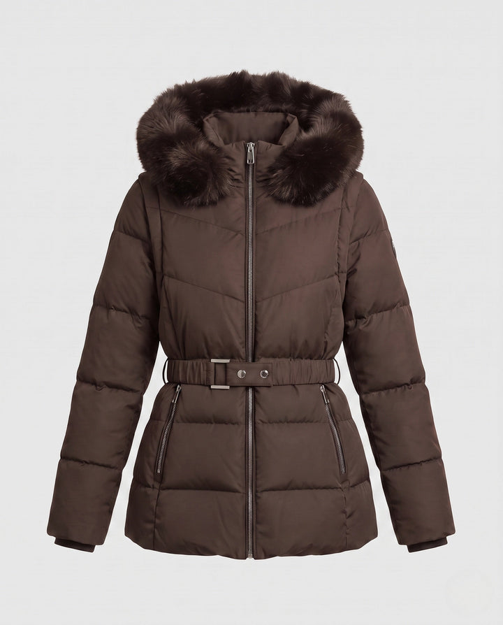 Dam Nano Quiltad Väst med Avtagbar Ärmar, Huva med Faux Fur Kant och Tailored Belt